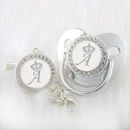 Baby Teethers Toys Luxury Silver Crown 26 Name Initial Letter Pacifier With Clip Infant Silicone Dummy Soother Bling Teat For Unique Gift 230615