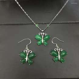 Dangle Earrings Natural Green Chalcedony Hand-carved Butterfly Fashion Boutique Jewelry Ladies And Necklaces Two-piece Set