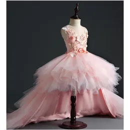 Flickans klänningar Glizt Girl Wedding Party Flower Girl Dresses Pink Tulle släpande Princess Klänning Beaded Floral Girls Pageant First Communion Gown 230615