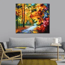 Handmade Canvas Art Red Fall Contemporary Oil Paintings Streets People Painting Bathroom Decor