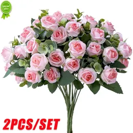 New 2Pcs/Set Artificial Flowers 11 Heads Silk Rose Eucalyptus Leaves Bouquet Fake Flowers For Home Wedding Party Decoration Supplies