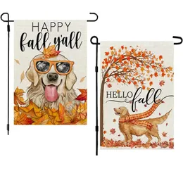 1PC, Fall Dog Golden Retriever Liście Flaga ogrodowa Mała dwustronna Burlap Welcome Yard Autumn Wdzięczny na zewnątrz Dekoracja 12 x 18 cali/28 x 40 cali bez masztu