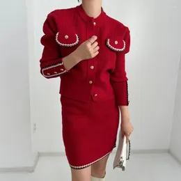 Vestidos de trabalho estilo chique coreano terno feminino decote redondo cardigã de malha suéter curto cintura alta saia nádega fina moda duas peças