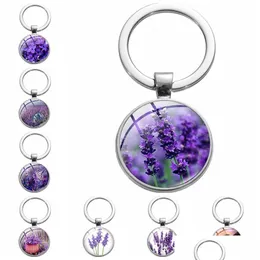 Nyckelringar Lavendelglas Cabochon Metal Picture Keychain Handväska hänger för kvinnor Barn mode smycken vilja och sandig släpp levererar dhzu6