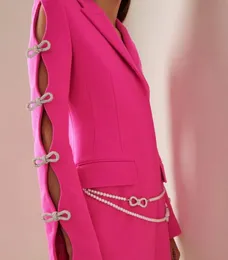 캐주얼 드레스 하이 스트리트 디자이너 세련된 패션 여성 진주 체인 다이아몬드 구슬 중공 아웃 긴 슬리브 블레이저 드레스