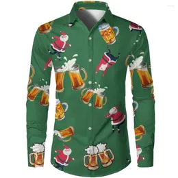 Chemises décontractées pour hommes Motif d'éléments de Noël vert Impression 3d Chemise hawaïenne à manches longues pour hommes avec bouton à revers Quotidien Confortable