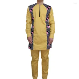 Herren-Trainingsanzüge, afrikanische Patchwork-Hemden mit festen Hosen, gelbe Baumwolle mit langen Ärmeln, Herren-Sets, maßgeschneiderter nigerianischer Mode-Bräutigamanzug