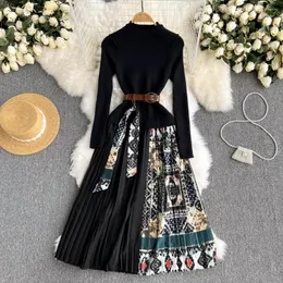 Casual Dresses Christmas Winter Vintage Knit Pleated Dress with Belt Woman O Neck Long Sleeve Floral Print A Line Autumn Midi Party 2369