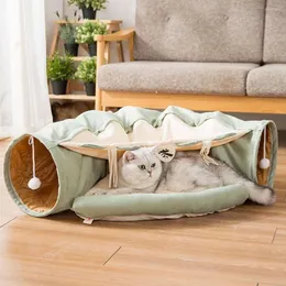 Katzenbetten, 2-in-1, warmes Winterzubehör zum Spielen von Kätzchen, schlafende Plüsch-Haustiermatte, Tunnelspielzeug, Bett