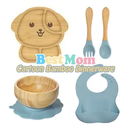 Copos Pratos Utensílios 7 pçs/set talheres de bebê talheres de bambu tigela prato/bandeja babadores colher garfo conjuntos crianças antiderrapante alimentação jantar grátis jantar 230615