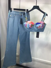 Calças femininas de duas peças de verão com estampa sexy combinando com a cor top tubo sutiã sutiã cintura alta calças largas de perna moda terno feminino de duas peças 230615