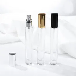 100pcs/lot 10ml Transparent Square Round Glass Spray Perfume Bottle Refillable Empty Bottle Thick Bottom Silver Black Gold Cap Bisfe