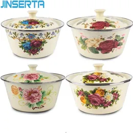 Decorative Plates JINSERTA Enamel Bowl Dish Thickened Large Capacity Vintage with Cover Pots Suitable for Kitchen Refrigerator Storage Food 230615