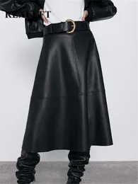 Skirts REALEFT Autumn Winter PU leather mi long Skirt with Belt High Waist Vintage A line Chic Mid calf Umbrella 230616