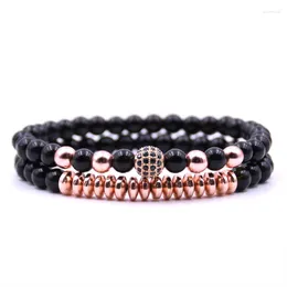 Charm Armband Hyhoney 2pc/sets 6mm pärlor natursten för kvinnor Micro Pave CZ Ball Charms Armband Men smycken Pulseras Mujer