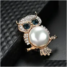 Pins Brooches Crystal Blue Eye Owl Brooch Pins Gold Animal Breastpin Women Men Fashion Jewelry Will And Sandy Drop Delivery Dhxma