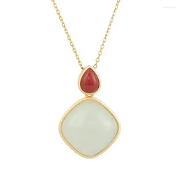 チェーンXL350 ZFSILVER S925 STERLING SILVER FASHION HETIAN JADE AGATE WATERDROP DIAMOND SQUARE NECKLACES GIRLS WOMEN WEDDING JEWELRY