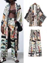 Kvinnors tvåbitar byxor 2st kvinnor skjortor byxor passar kimono stil sommar full tryckt x-long dragstring blus set kvinnliga byxor casual kläder 230615