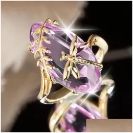 Cluster Rings Green Pink Crystal Dragonfly Women Gold Ring Fashion Jewelry Gift Will And Sandy Drop Delivery Dhgne