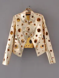 Women's Jackets Spring Personality PU Round Hole Women Jacket Gold Black Silver Color Stand Collar Long Sleeve Coat Leather Clothing Top 230615