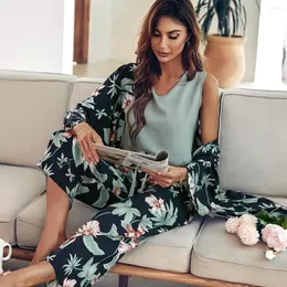 Roupa de dormir feminina 3 peças conjunto de pijama feminino viscose floral estampado pijama feminino primavera verão lounge wear pijama robe