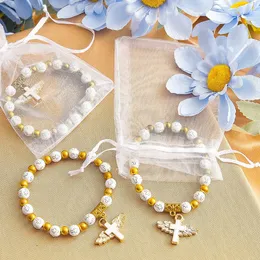 Angel Wing Cross Bracelet Favor with Organza Bags Acrylic Baptism Favor for Boy and Girl Communion Birthday Wedding