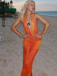 Casual Dresses Boofeenaa Resort Wear Printed Deep V Halter Maxi Dress Beach Party Sexiga kläder för kvinna Summer Open Back C95-DD35
