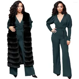 Kvinnors tvåbitar byxor Autumn Style Women's Fashion Jumpsuit Sexig V-ringning slips midja bredben fast färg långärmad byxor