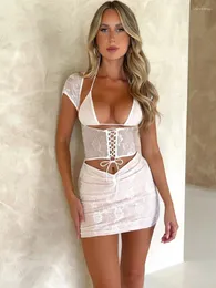 Casual Dresses 2023 Summer Sexy 3 Pieces Dress Set Fashion Women's Hollow Out Halter Short Sleeve Bandage Slim Lace Corset Black White
