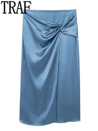 Юбки Traf Knot Satin Skirt Women Blue High Taiste Midi Woman Long For Fashion 2023 Chic и Elegant 230616