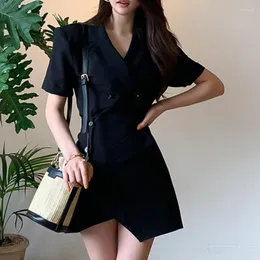 Vestidos de trabalho chegada moda estilo coreano terno para mulheres verão temperamento elegante OL sólido com decote em V tops e saia conjunto de 2 peças