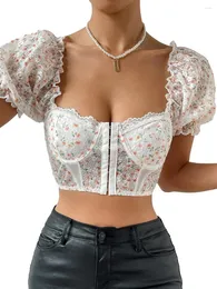 Kvinnors tankar Stylishyoung Women Short Puff Sleeve Floral Crop Tops Square Neck Hook and Eye Front T-Shirts Corset (Orange White S)