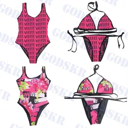 Costumi da bagno di marca Set Bikini rosa con lettere per le donne Costume da bagno con motivo floreale Costumi da bagno interi da spiaggia Molto stili