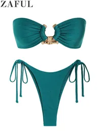 Kvinnors badkläder Zaful Solid O Ring Swimsuit For Women Tie Side Shiny Metal Hardware Ring Bandeau Bikini Swimwear Padded Bh Top Low Midoed Z0613