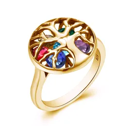 Solitaire Ring 18K Gold Color Tree of Life Stones Custom Unique Real 925 Sterling Silver Birthstonetrendy Jewelry Christmas Gift for Women 230616