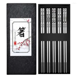 Chopsticks 5st återanvändbara icke-halkiga rostfritt ståluppsättning graverade hemköksverktyg för japanska koreanska kinesiska rätter