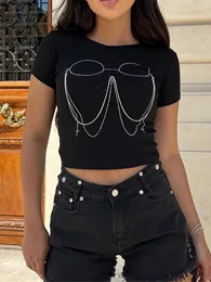 Magliette da donna SEASONS Crop Top Donna Occhiali con strass Design Girocollo Manica corta Stretch Skinny T-Shirt Trend Street Wild Tees