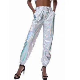 Women's Pants Capris Women Shiny Rave Pants Loose Holographic Clothes Silver Pants Dance Wetlook Hip Hop Punk Pants Sweatpants Streetwear Joggers 230615