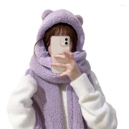 Scarves Cute Winter Long Scarf Women Purple Kawaii Bear Ear Hooded Plush Hat Soft Fuzzy Wool Warm Lamb Cashmere Cartoon Animal