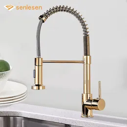 욕실 싱크 수도꼭지 Senlesen Golden Kitchen Spring Faucet Brass 데크 마운트 360도 회전 스트림 분무기 노즐 콜드 믹서 세면대 탭 230616