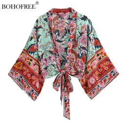Women's Swimwear Boho Vintage Floral Print Sashes short Kimono Women Fashion Ladies Blouses Casual V Neck batwing Sleeves bohemian Cover-Up 230616