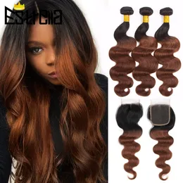 Hair Bulks Ombre Chocolate Brown Bundles With Closure Peruvian Body Wave 1B 33 Colored Human and 44 Lace 230617