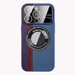 PC Carbon Carbon Fiber Magsafe Magnetic Phone Case for iPhone 14 13 12 11 غطاء شحن لاسلكي مع أفلام عدسة النوافذ الكبيرة Hollow Heal Healh Shell