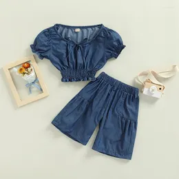 Zestawy odzieży FocusNorm Summer Modna Dziewczyny Dziewczyny 2PCS Ubrania 1-6Y Ruffles Niebieskie dżins T koszule wysokie talia szerokie nogi spodnie