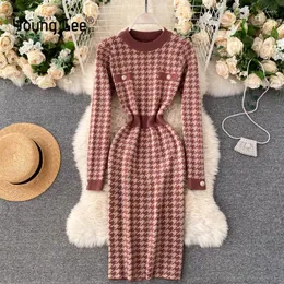 Vestidos casuais Young Gee Suéteres finos com decote em O Bodycon Dress Mulheres Outono Inverno Malha Pássaro Lattice Vestidos Femme Manga Completa Joelho