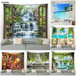 Tapisserier Forest Waterfall Landscape Tapestry Beach Coconut Tree Dolphin Zen Buddha Garden Wall Hanging Christmas Home Living Room Decor 230616