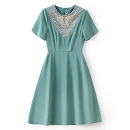 2023 Summer GreenSolid Color BeadedDress Short Sleeve Round Neck Knee-Length Casual Dresses W3L041805