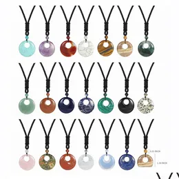 Pendant Necklaces Natural Stone Lucky Coin Necklace For Women Men Reiki Healing Round Donut Crystal Jewelry Adjustable Braided Cord Dhnao