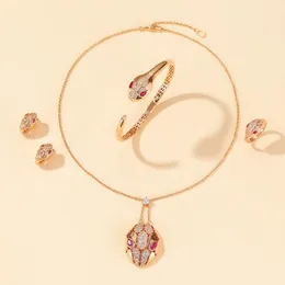 Designer Collection Style 925 Sterling Silber Ring Ohrringe Armband Halskette vergoldet Roségold Farbfassungen Diamant Rote Augen Schlange Schlange Schmucksets