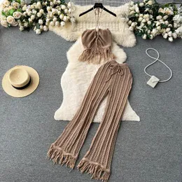 Women's Suits Korejepo Bohemian Beach Resort Set Women's Summer Knitted Tassel Hanging Neck Top High Waist Hollow Out Pants Two Piece